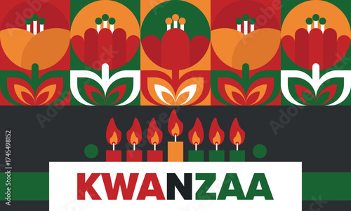 Kwanzaa Happy Celebration. African and African-American culture holiday. Seven days festival, celebrate annual from December 26 to January 1. Black history. Poster, card, banner and background. Vector