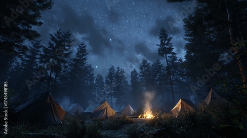 Wallpaper Mural tranquil forest camping night under a starry sky with campfire and tents Torontodigital.ca