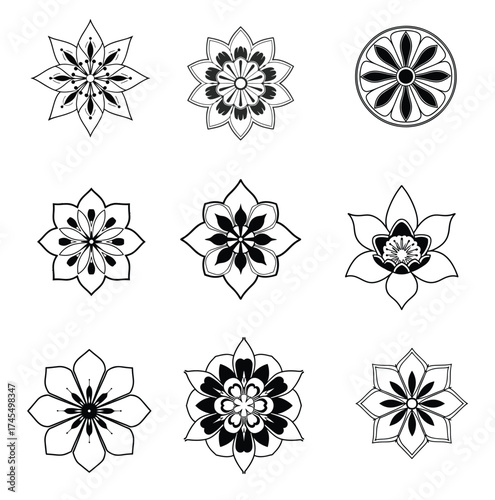 A premium set of black and white flowers and mandala design