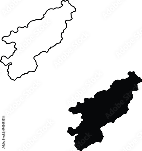 Two simple monochrome representations of an elongated landmass, showing both a solid black fill and a clear linear boundary