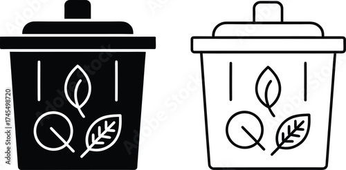 Two Trash Cans One Black Solid One Outline With Leaves garbage can waste bin