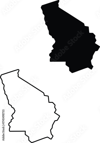 Solid black and outlined shapes effectively display the angular geographical contours of a unique region on white