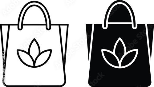 Black and White Icons of Shopping Bags with Flower Symbol paper bag tote bag