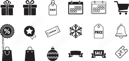 Mixed-style black and white icon set for retail and holiday commerce, including solid gift boxes, discount badges, sale tags, calendar dates, shopping carts, and decorative snowflakes.