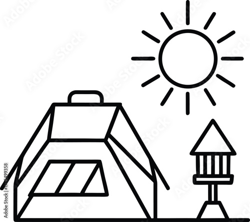 Line drawing of a tent, sun, and bird feeder in an outdoor setting camping nature