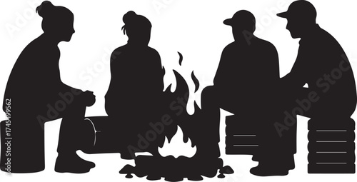 Friends silhouettes gathered around a bright campfire at dusk enjoying warmth and companionship outdoor evening gathering