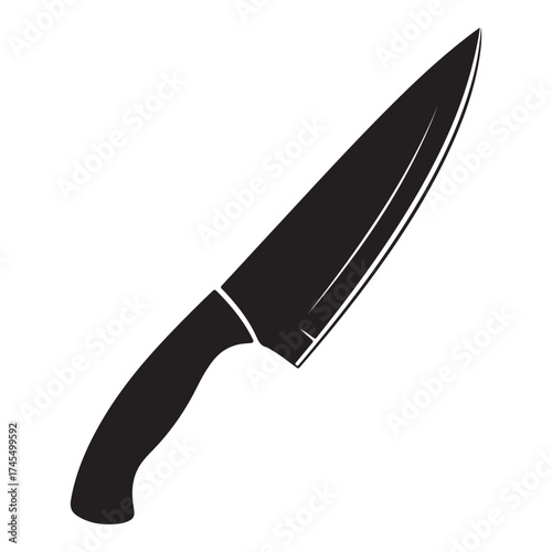 A sharp black chefs knife with a curved handle, , ready for culinary tasks