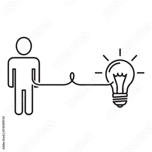 A simple line drawing of a person connected to a lightbulb, symbolizing an idea or inspiration