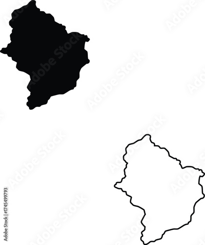 Detailed black silhouette and corresponding precise outline of a specific geographical administrative division
