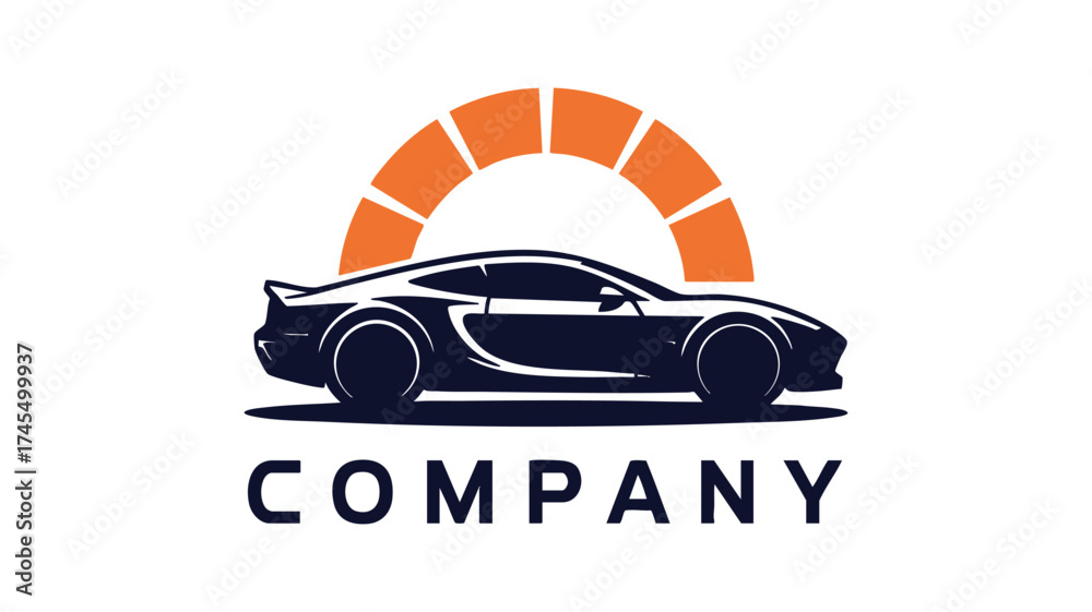 Obraz premium Sleek dark sports car silhouette under a vibrant orange sunburst logo design