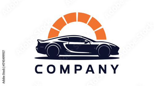 Sleek dark sports car silhouette under a vibrant orange sunburst logo design