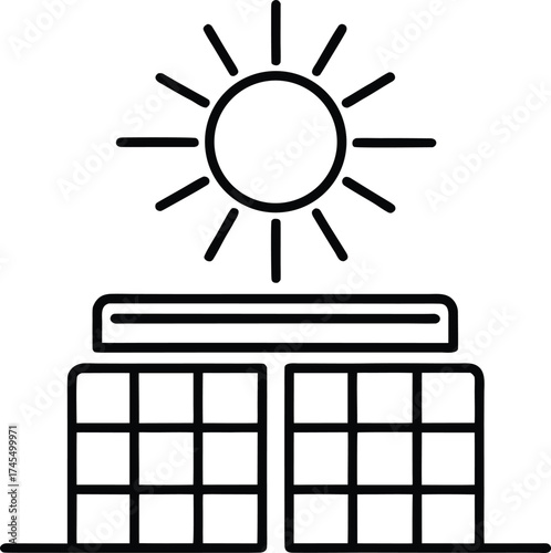 Simple Line Art Icon of Sun Shining Over Solar Panels solar energy renewable energy