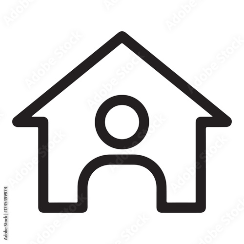 A simple black and white outline icon representing a person inside a house