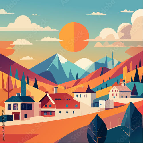 Wallpaper Mural Mountain village landscape with warm sunset glow Torontodigital.ca