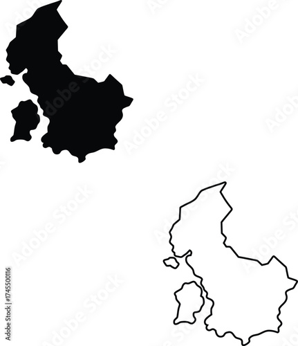 Long and narrow geographical region illustrated with a solid black silhouette and a matching outline on a pure white background