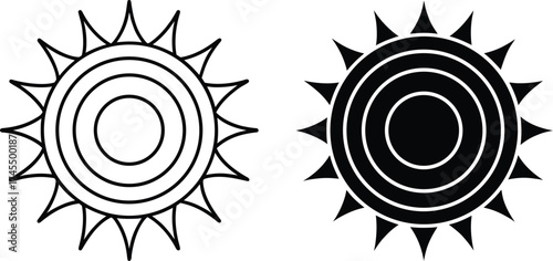 Sun Icon Set: Minimalist Black and White Vector Illustrations of the Sun with Rays for Weather Forecasts, Summer Themes, Brightness Settings, and Abstract Designs