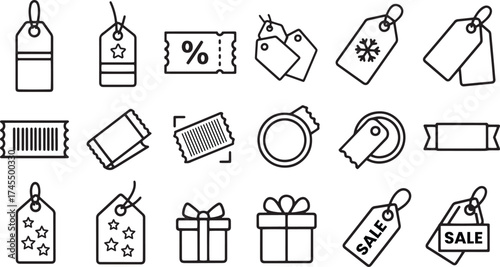 Detailed outline vector icon set of e-commerce promotional tools, including various price tags, percentage coupons, barcode tickets, gift boxes, and blank sale ribbons.