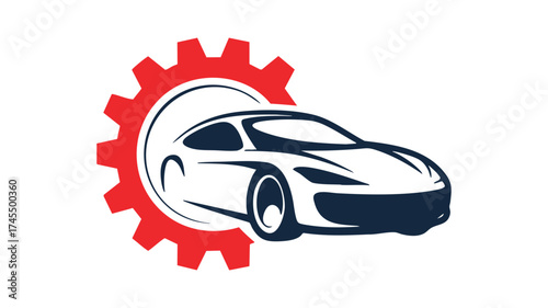 Automotive service logo featuring a sporty car and red gear emblem