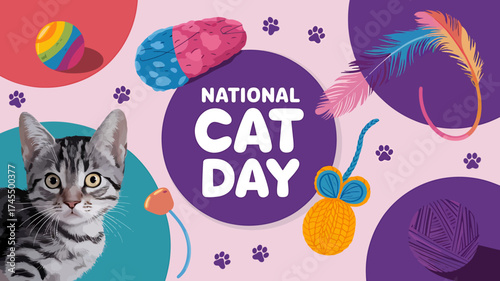 Vector art of a real cat and various cat toys celebrating national cat day with colorful elements and paw prints
