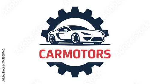 Modern car silhouette within a gear emblem for carmotors automotive business