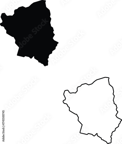 Black silhouette and precise outline drawing of an irregular geographic landmass on white