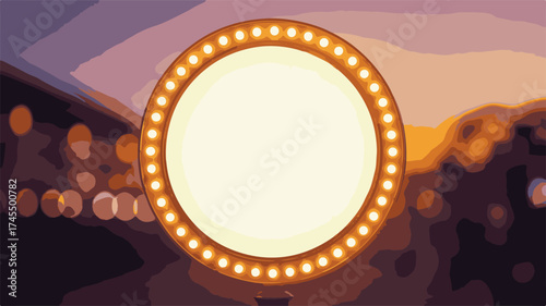 Illuminated Circular Marquee Sign with Blurred City Lights at Dusk vector illustration