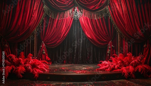A vintage burlesque stage in shades of deep red and black, with feathered curtains and sparkling fringe.