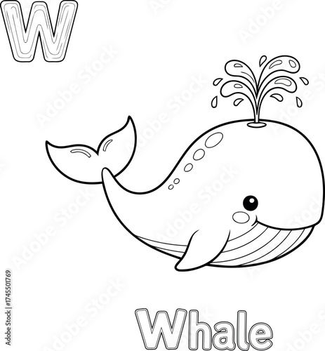 A vector illustration vector art of letter w, a whale spouting water