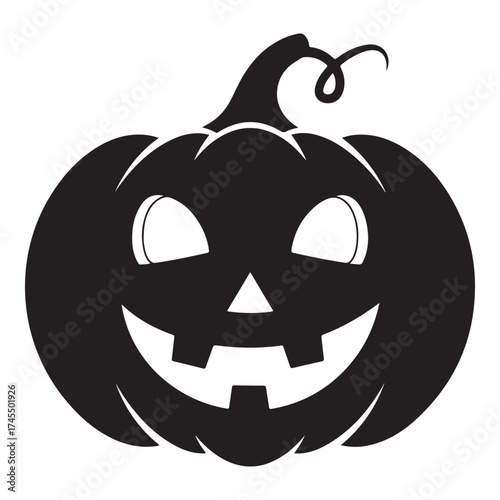 A classic black silhouette of a carved halloween pumpkin with a spooky, grinning face, isolated on a