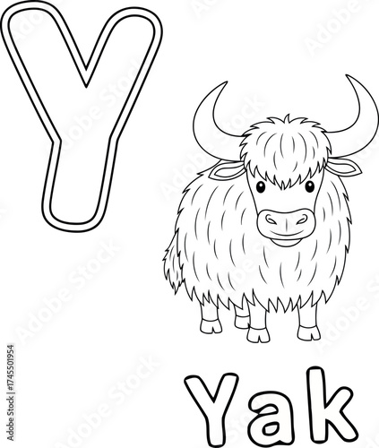 A vector illustration vector art of letter y for yak coloring page