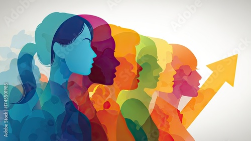 Silhouettes of women in progressive hues, alongside an upward-pointing arrow