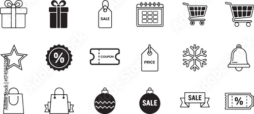 Comprehensive black and white icon collection for shopping and seasonal sales, mixing solid and outline styles for gift boxes, discount badges, price tags, shopping carts, and coupons.