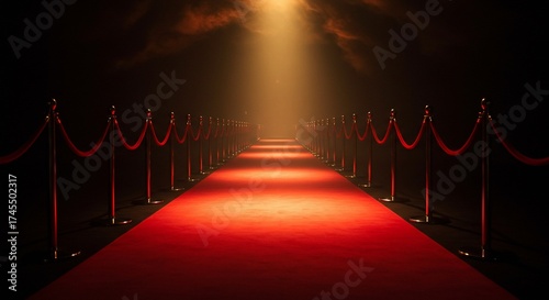 Red carpet event illuminated with spotlights