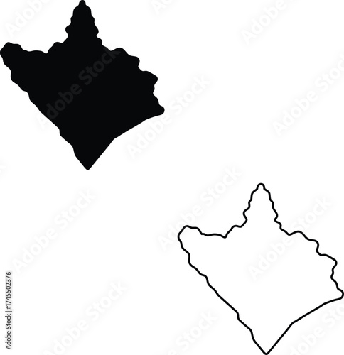 This image features a distinct blocky black silhouette and its corresponding outline for geographical representation