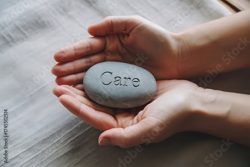 Hands holding stone with care word engraved symbolizing compassion wellness mental health support self-care mindfulness and emotional wellbeing