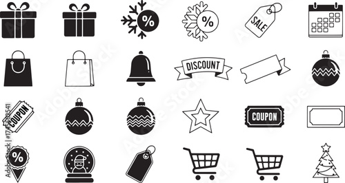 Large mixed-style black and white icon collection for seasonal e-commerce, including gift boxes, shopping bags, discount snowflakes, price tags, coupons, and Christmas ornaments.