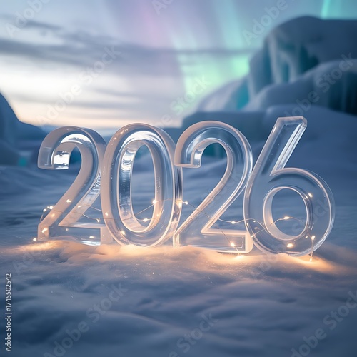 Illuminated transparent 2026 numbers with LED lights on snow in winter landscape symbolizing new year celebration future hope and fresh beginnings