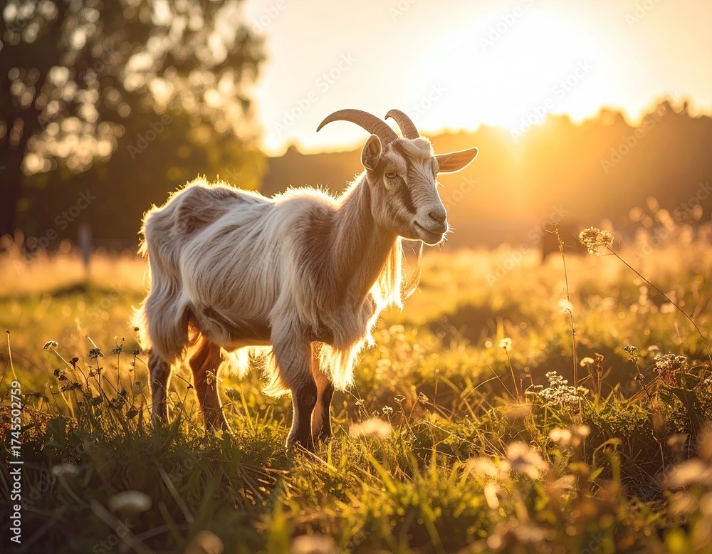 Fototapeta premium Goat Standing in Sun Drenched Meadow with Backlit Grass and Trees at Sunset