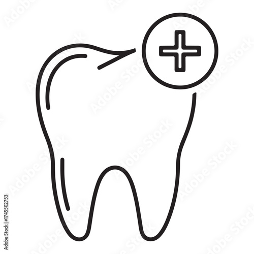 A simple black and white line drawing of a tooth with a plus sign in a circle