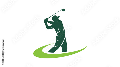 Dynamic golfer silhouette swinging club green swirl motion sport logo graphic