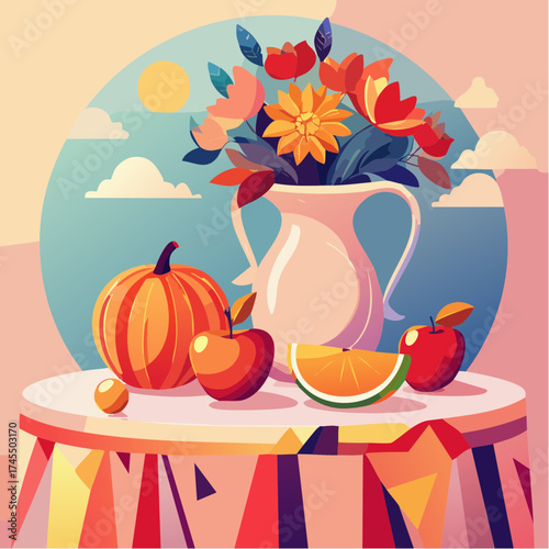 Autumn harvest still life with pumpkins and flowers