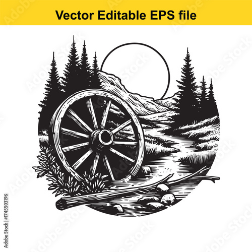 Vector art of a wagon wheel sits in a forest clearing with mountains and a sun