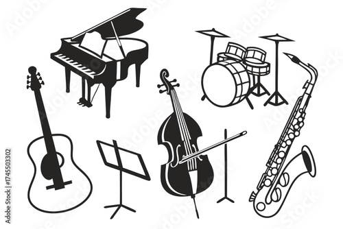 Black and White Silhouettes of Musical Instruments on White Background sound audio