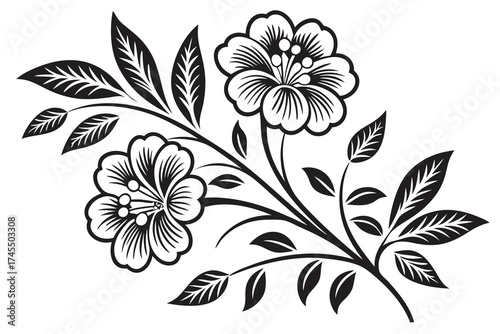 Black and white floral branch with leaves and flowers on white background leaf nature