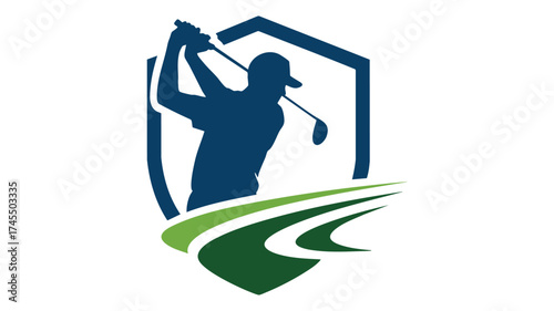 Dynamic golf emblem featuring silhouette of golfer mid-swing and green fairway stripes