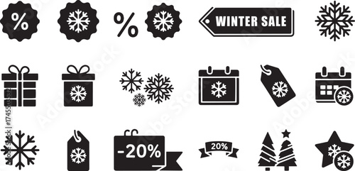 Solid black silhouette icon set for exclusive winter sales, featuring discount percentage badges, gift boxes, snowflake symbols, calendar offers, price tags, and Christmas tree elements.
