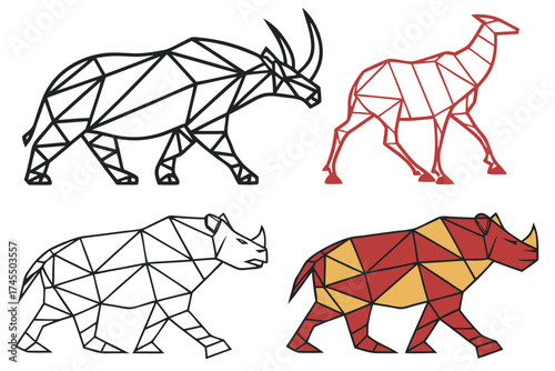 Geometric Origami Style Animals Rhinoceros Antelope and Oryx Illustrations black white