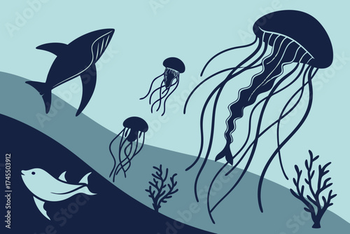 Silhouette of Marine Life and Coral in Blue Tones ocean underwater