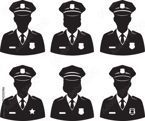 Diverse police officer silhouettes set uniformed law enforcement professionals representing authority and security in iconographic style
