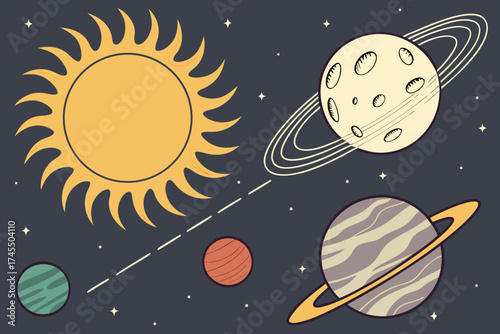 Stylized Solar System with Sun and Planets in Space galaxy universe